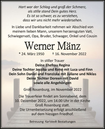 Traueranzeige von Werner Mänz  von Magdeburger Volksstimme