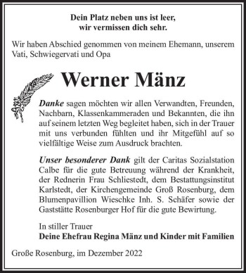 Traueranzeige von Werner Mänz  von Magdeburger Volksstimme