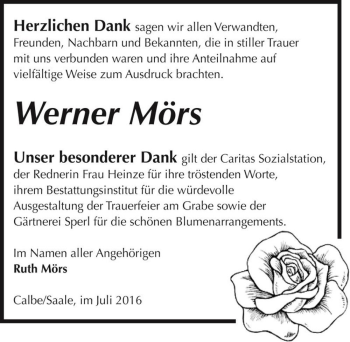 Traueranzeige von Werner Mörs  von Magdeburger Volksstimme