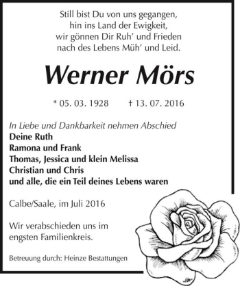 Traueranzeige von Werner Mörs  von Magdeburger Volksstimme