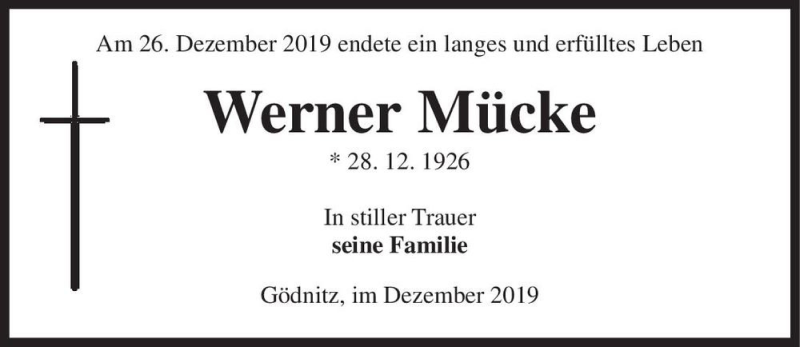  Traueranzeige für Werner Mücke  vom 04.01.2020 aus Magdeburger Volksstimme
