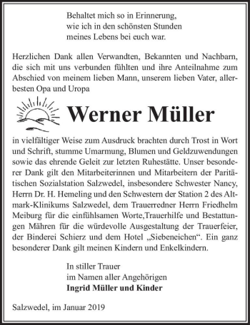 Traueranzeige von Werner Müller  von Magdeburger Volksstimme