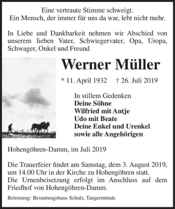 Traueranzeige von Werner Müller  von Magdeburger Volksstimme