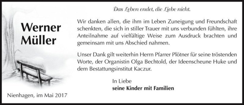  Traueranzeige für Werner Müller  vom 27.05.2017 aus Magdeburger Volksstimme