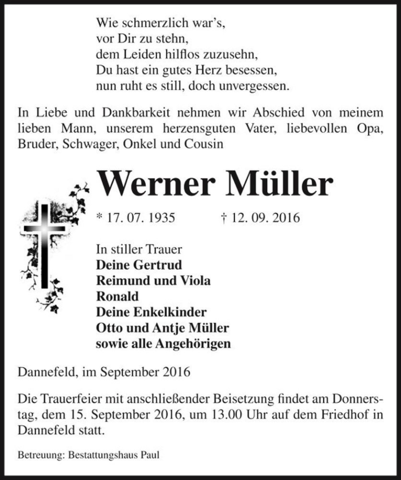  Traueranzeige für Werner Müller  vom 14.09.2016 aus Magdeburger Volksstimme