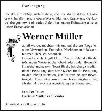 Traueranzeige von Werner Müller  von Magdeburger Volksstimme