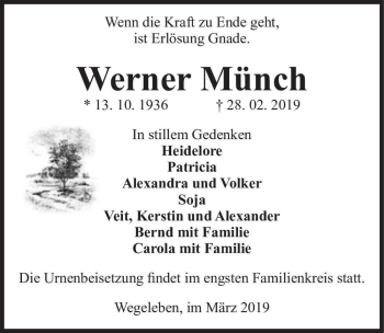 Traueranzeige von Werner Münch  von Magdeburger Volksstimme