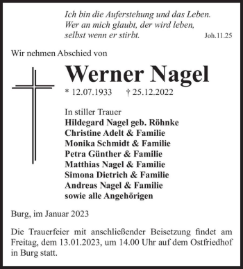 Traueranzeige von Werner Nagel  von Magdeburger Volksstimme