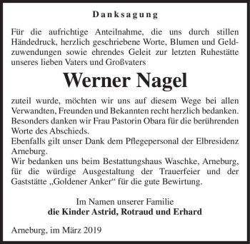 Traueranzeige von Werner Nagel  von Magdeburger Volksstimme