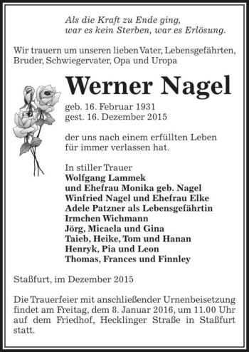 Traueranzeige von Werner Nagel  von Magdeburger Volksstimme