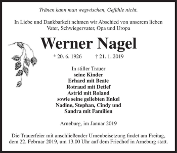Traueranzeige von Werner Nagel  von Magdeburger Volksstimme