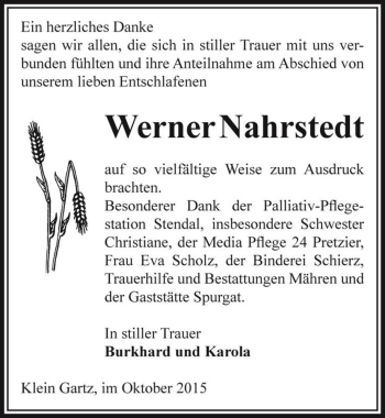 Traueranzeige von Werner Nahrstedt  von Magdeburger Volksstimme