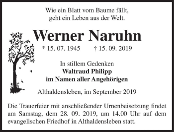 Traueranzeige von Werner Naruhn  von Magdeburger Volksstimme