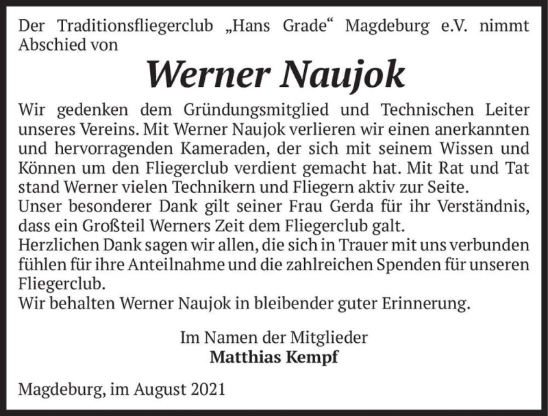  Traueranzeige für Werner Naujok  vom 14.08.2021 aus Magdeburger Volksstimme