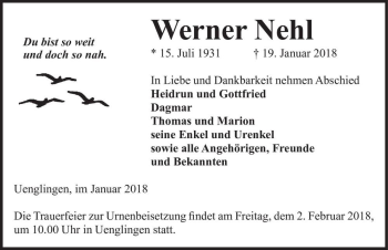 Traueranzeige von Werner Nehl  von Magdeburger Volksstimme