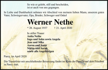 Traueranzeige von Werner Nethe  von Magdeburger Volksstimme