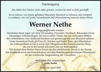 Traueranzeige von Werner Nethe  von Magdeburger Volksstimme
