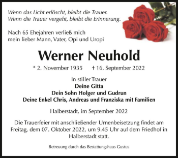 Traueranzeige von Werner Neuhold  von Magdeburger Volksstimme
