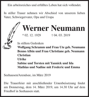 Traueranzeige von Werner Neumann  von Magdeburger Volksstimme