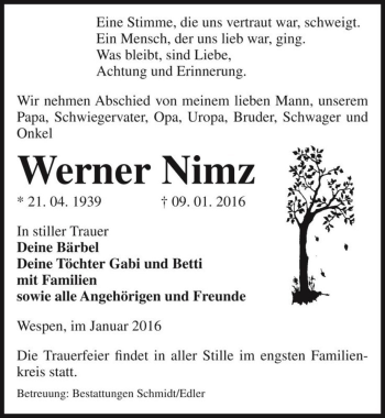Traueranzeige von Werner Nimz  von Magdeburger Volksstimme