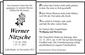Traueranzeige von Werner Nitzsche  von Magdeburger Volksstimme