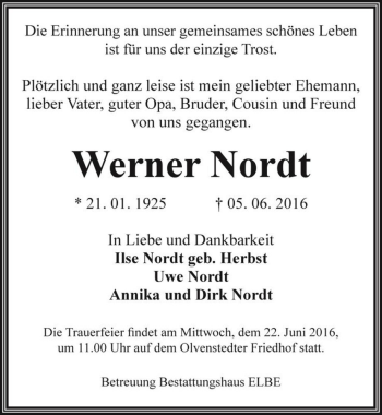 Traueranzeige von Werner Nordt  von Magdeburger Volksstimme