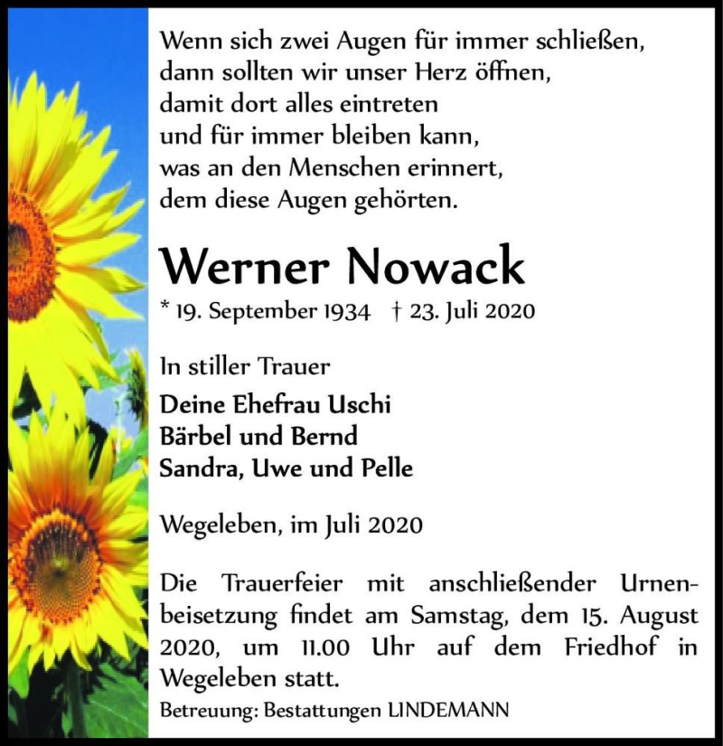  Traueranzeige für Werner Nowack  vom 01.08.2020 aus Magdeburger Volksstimme