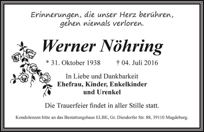  Traueranzeige für Werner Nöhring  vom 09.07.2016 aus Magdeburger Volksstimme
