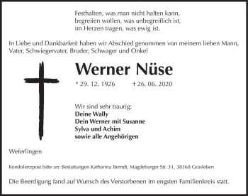 Traueranzeige von Werner Nüse  von Magdeburger Volksstimme
