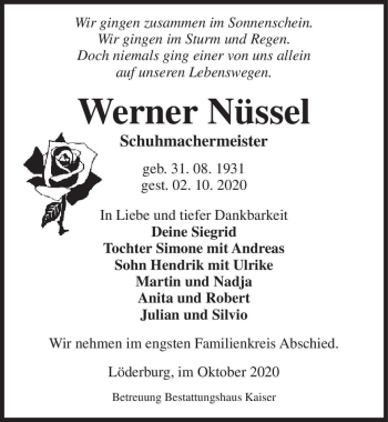 Traueranzeige von Werner Nüssel  von Magdeburger Volksstimme