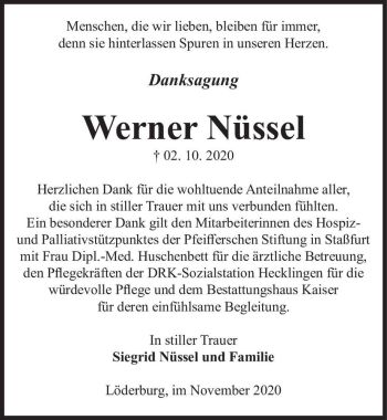 Traueranzeige von Werner Nüssel  von Magdeburger Volksstimme