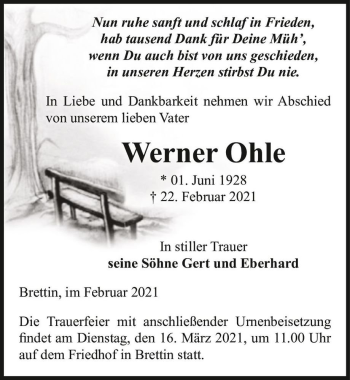 Traueranzeige von Werner Ohle  von Magdeburger Volksstimme