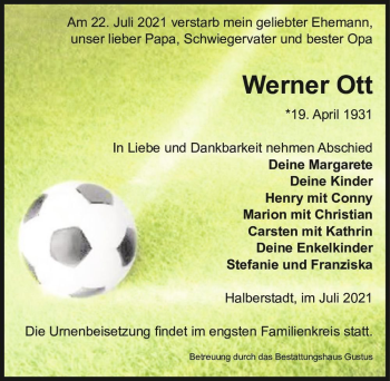 Traueranzeige von Werner Ott  von Magdeburger Volksstimme