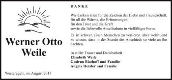 Traueranzeige von Werner Otto Weile  von Magdeburger Volksstimme