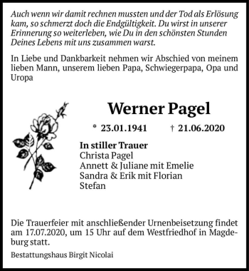 Traueranzeige von Werner Pagel  von Magdeburger Volksstimme