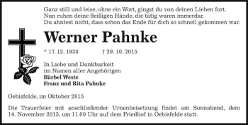 Traueranzeige von Werner Pahnke  von Magdeburger Volksstimme