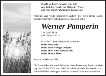 Traueranzeige von Werner Pamperin  von Magdeburger Volksstimme