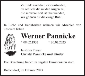Traueranzeige von Werner Pannicke  von Magdeburger Volksstimme