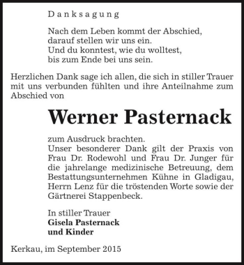 Traueranzeige von Werner Pasternack  von Magdeburger Volksstimme