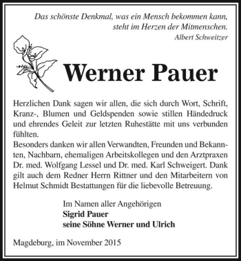 Traueranzeige von Werner Pauer  von Magdeburger Volksstimme