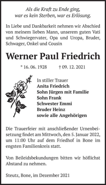 Traueranzeige von Werner Paul Friedrich  von Magdeburger Volksstimme
