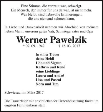 Traueranzeige von Werner Pawelzik  von Magdeburger Volksstimme
