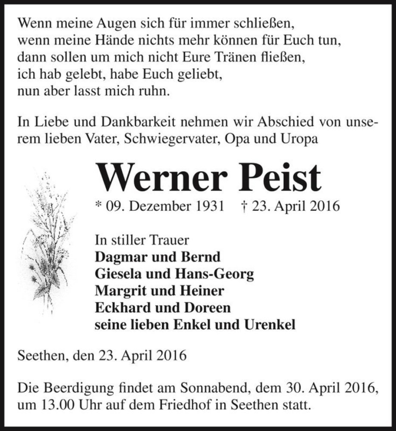  Traueranzeige für Werner Peist  vom 26.04.2016 aus Magdeburger Volksstimme