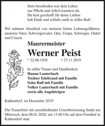 Traueranzeige von Werner Peist  von Magdeburger Volksstimme