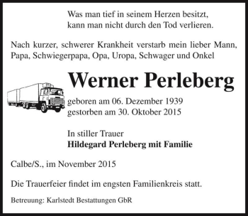 Traueranzeige von Werner Perleberg  von Magdeburger Volksstimme