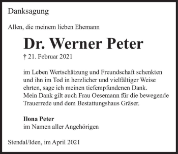 Traueranzeige von Werner Peter  von Magdeburger Volksstimme