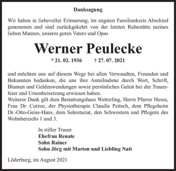 Traueranzeige von Werner Peulecke  von Magdeburger Volksstimme