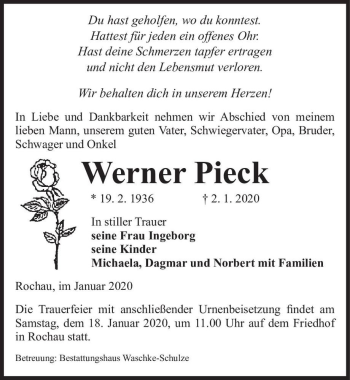 Traueranzeige von Werner Pieck  von Magdeburger Volksstimme