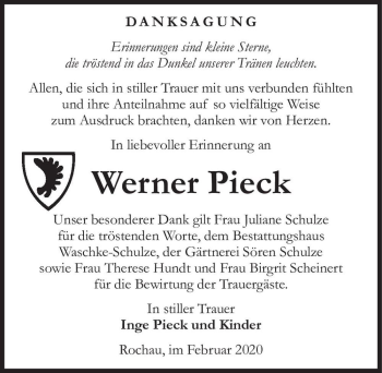 Traueranzeige von Werner Pieck  von Magdeburger Volksstimme
