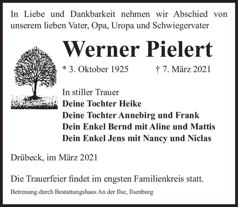  Traueranzeige für Werner Pielert  vom 17.03.2021 aus Magdeburger Volksstimme
